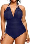 BeachQueen Women Plus Size One Piece Swimsuit Halter V Neck Swimwear Dark Blue