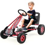 DORTALA Go Kart for Kids, 4 Wheel Off-Road Pedal Powered Go Cart with 2-Position Adjustable Bucket Seat, Safety Brakes, EVA Rubber Tires, Outdoor Ride On Racer Pedal Car for Boys & Girls (Red)