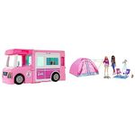 Barbie 3-in-1 DreamCamper Vehicle, approx. 3-ft, Transforming Camper with Pool, Truck, GHL93 & It Takes Two Camping Playset with Tent, 2 Dolls & 20 Pieces