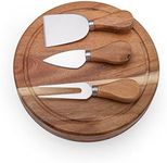 ILEAF Round Slide-Out Acacia Wood Cheese Board and 3 Piece Cheese Tool Set, 7.5 inch Diameter (Acacia Wood)