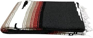 Open Road Goods Black Mexican Yoga Blanket - Thick Diamond Serape with Red, Brown, Tan and White Stripes