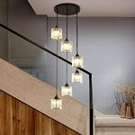 Meimond Long Chandeliers for High Ceilings,Modern Crystal Pendant Light,Raindrop Drop Lamp,Hanging Flush Mount Lighting Fixtures for Spiral Staircase,Foyer,Entryway,Living Room,Black (6 Lights)