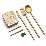 Outlery | Portable & Reusable Stainless Steel Travel Cutlery Set and Reusable Chopsticks (Metallic Gold) Pocket Sized Cutlery Set