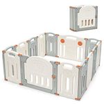 Costzon Baby Playpen, 14-Panel Foldable Kids Safety Activity Center Playard w/Locking Gate, Non-Slip Rubber Bases, Adjustable Shape, Portable Design for Indoor Outdoor Use (Beige + Gray, 14-Panel)