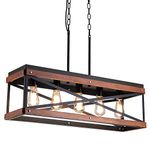 Rustic Farmhouse Kitchen Island Lighting, Wood and Metal Linear Chandelier, 5 Lights Industrial Pendant Light Fixture for Kitchen Island Dining Room Living Room Table, Black