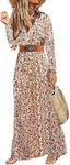 MessBebe Boho Floral Print Maxi Dress V Neck Long Sleeve High Waist Summer Smocked Dress for Women with Belt Red XXL