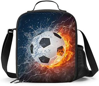 PrelerDIY Football Lunch Box - Insulated Lunch Box for Kids Soccer Design with Side Pocket & Shoulder Strap Lunch Bag, Perfect for School/Camping/Hiking/Picnic/Beach/Travel
