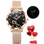 OLEVS Ladies Watches Rose Gold Mesh Strap Fashion Dress Japanese Quartz Waterproof Luminous Female Watches for Women Bracelet Sets