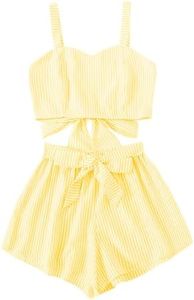 SweatyRocks Women's 2 Piece Outfits Summer Sleeveless Tie Back Crop Cami Top and Shorts Set Yellow X-Large