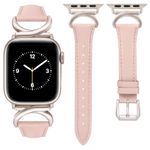 Minyee Leather Bands Compatible with Apple Watch Band 44mm 45mm 42mm 49mm Women, Slim Thin Dressy Designer Strap with C-Shape Metal Buckle for iWatch Ultra Series 9/8/7/6/5/4/3/2/1/SE, Pink/Starlight