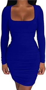 Kaximil Women's Sexy Bodycon Ruched Mini Club Dress Long Sleeve Basic Casual Dresses,X-Large,Royal Blue