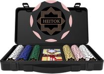 HEITOK 300 Clay Poker Chip Set 14g Heavyweight Chips with Premium Polycarbonate Case & Leather Interior for Texas Holdem Blackjack