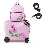 BABY JOY 2PC Kids Luggage Set, 4 in 1 Toddler 18” Ride-on & Carry-on Hardshell Suitcase with Wheels, Anti-Lose Rope, 12” Backpack, Lightweight Travel Rolling Trolley for Boys Girls, Pink, Flamingo