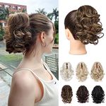 REECHO Ponytail Extension, 9" Claw Clip in Short Curly Wavy Pony Hair Extension Jaw Clip on Pony Tail HP001 Hairpiece for Women - Chocolate Brown with Highlights