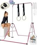 YOUTIFUN Gymnastics Bar, Kids Gym Equipment 5 Level Height Adjustable Pull Up Horizontal Gymnastic Bar, Gymnastics Equipment for Home for Girls & Boys (Pink + Pro Rings)