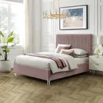 Inspired Home Alanis Platform Bed Upholstered Deep Channel Tufted Design Clear Acrylic Legs Slats Included No Box Spring Needed Velvet Pink, Queen