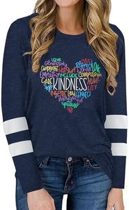 Anbech Womens Kindness Graphic T-Shirt Colorful Heart Print Shirt Long Sleeve Inspirational Tops (M, Blue)