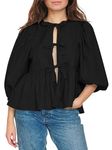 Tie Front Tops for Women Black 3/4 Puff Sleeve Summer Ruffle Hem Bobydoll Blouses Y2K Going Out Fashion Trendy Clothes S