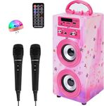 DYNASONIC Karaoke Machine with 2 Microphones, Portable Bluetooth Speaker with Lights, USB and SD Reader, Gift for Children Ages 5-13 (Model 15 lights)