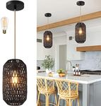 Ruzectt Pendant Light Fixtures Black Rattan Pendant Lights for Kitchen Island with 72in Adjustable Golden Cotton Cord, Farmhouse Wicker Basket Light Fixture for Living Room (Black-A)