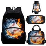 TOADDITDO Baseball School Backpack for Boys 9-10 Schoolbag Set with Lunch Box Pencil Case Water Bottle Cover Elementary School 3rd Grade Large Book Bags Water Fire Print Kids Daypack Laptop Backpacks