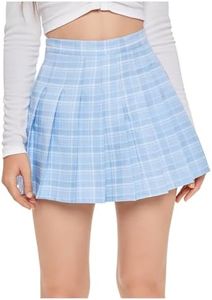 SweatyRocks Women's Casual High Waist Plaid A Line Pleated Skirt 2-Blue Small
