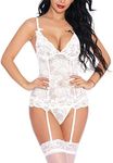 EVELIFE Women's Sexy Lingerie Suspender Set Erotic Underwear Lingerie Set V-Neck Lace Lingerie with Garter Transparent Babydoll Sleepwear, White, X-Large