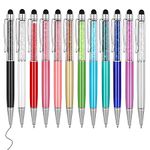 MengRan Cute Pens with Stylus Tip, 2 in 1 Black Ink Ballpoint Pens and Slim Crystal Stylus Pens for Touch Screens(12 colors)