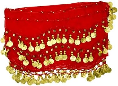 PAITOK Bufanda de cadera para danza del vientre,cinturón de danza del vientre para mujeres con 128 monedas doradas,bufanda de bailarina,disfraces,falda de danza envolvente para niñas (Rojo)