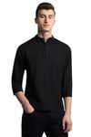 Dennis Lingo Men's Black Cotton Casual Shirt, Long Sleeve Slim Fit Pop Over Mandarin Collar (L)