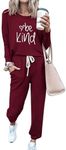 PRETTYGARDEN Women's Fall 2 Piece Lounge Outfit Long Sleeve Crewneck Pullover Tops High Waisted Pants Set Tracksuit (Patterned-wine red,Large)