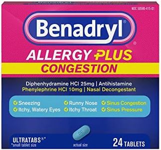 Benadryl Allergy Plus Congestion Ultratabs with Diphenhydramine HCl Antihistamine & Phenylephrine HCl Nasal Decongestant, Allergy & Sinus Congestion Relief Tablets, 24 ct