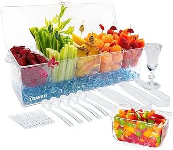 OZWEN Ice Chilled Condiment Server Tray with 5 Compartments & Hinged Lid & Tongs & Spoons & Forks & Mini Cup, Condiment Caddy Container Cocktail Garnish & Ice Fruit Salad Server & Food Serving Tray