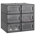 Navaris Stackable Shoe Storage Boxes - Set of 6 Plastic Foldable Shoe Organisers with Front Door - Easy Access to Mens and Ladies Shoes - Black