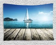 Ambesonne Nautical Tapestry, Yacht from Wooden Deck Horizon Serenity Seascape Leisure Aquatic Coastal Theme, Wide Wall Hanging for Bedroom Living Room Dorm, 60" X 40", Turquoise Brown