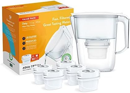 Aqua Optima Water Filter Pitcher Value Pack for Tap and Drinking Water with 6 Evolve+ Filter, BPA Free, WQA Certified, Daisy Design (White)