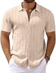 COOFANDY Men's Casual Cable Knit Shirts Button Up Shirts Short Sleeve Shirt Crochet Polo Resort Shirts Slim Fit Shirts Light Coffee