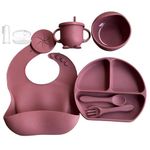 Spy Kids 7Pcs Silicone Baby Feeding Set Bpa-Free,Microwave Safe|Complete Tableware Kit For Babies&Toddlers With Suction Plate,Bowl,Cup, Spoon,Fork,Bib & Baby Finger Tooth Brush| Pink - Solid