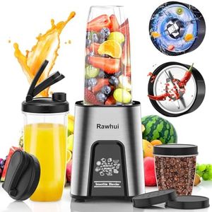 Rawhui Frullatore Elettrico 800W, Portatile Blender per Smoothie, Mini Frullatori da Tavolo con 6 Lame in Acciaio Inox, Mixer Cucina con 2 Bottiglie da 600ml e 2 Coperchi da Viaggio, Senza BPA