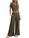 Ekouaer Women's 2 Piece Lounge Sets Short Sleeve Pajama Set Ribbed Knit Crop Top Wide Leg Pants Loungewear,Army Green,M