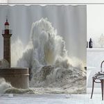 Ambesonne Lighthouse Shower Curtain, Big Waves in a Sunny Storm of Portuguese by The North Coast Catastrophe and Disaster Art, Cloth Fabric Bathroom Decor Set with Hooks, 69" W x 84" L, Grey White