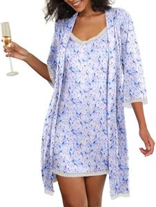 Ekouaer Women's Nightgown and Robe Set 3/4 Sleeves Robes 2 Piece Bathrobe Set V-neck Lace Cami Sleepwear with Pockets Blue And White Butterflies Large