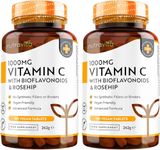 Vitamin C 1000mg (2 Packs of 180) – 360 Vegan & Vegetarian VIT C Tablets – 1 Year Supply – High Strength Ascorbic Acid – Added Bioflavonoids & Rosehip – Normal Immune System – UK Made by Nutravita