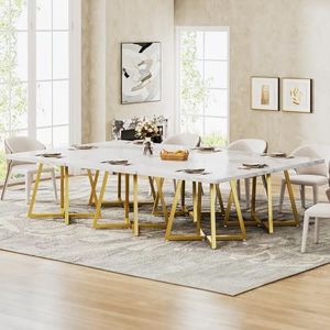 Tribesigns Square Dining Table for 10, 31.5" Modern Dinner Table with Metal Base, Kitchen Table for Dining Room, Small Space, Apartment, White & Gold