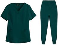 Meichoon Nurse's Uniform Set Lightweight V-neck Top with Elastic Pants Natural Skin-friendly for Men and Women DK06 Dark Green Small