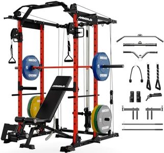Mikolo K6 Power Cage, Power Rack with Cable Crossover System, Home Gym Packages with Weight Bench, Olympic Barbell, 230b Weight Set-Red