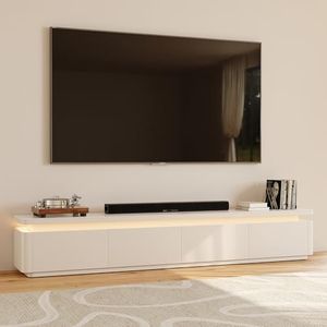POVISON Fully Assembled 95" Mid-Century Modern TV Stand with LED Lights, Glossy Sintered Stone Top Media Console for 85 Inch TV, Drop-Down Doors & Drawers, Open Storage for Living Room