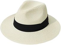 DRESHOW Women Straw Panama Hat Fedora Beach Sun Hat Wide Brim Straw Roll up Hat UPF 50+