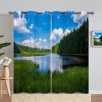 ANHOPE Nature Curtains Eyelet 80% Blackout Room Darkening Curtains Landscape Forest Lake Scenery Print Pattern Thermal Light Blocking Window Drapes for Bedroom Living Room 55 x 72 Inch Drop 2 Panels