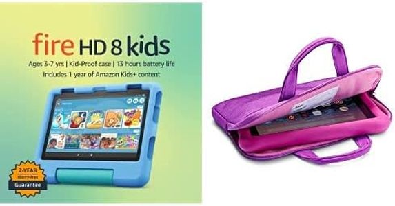 Amazon Fire 8 Kids tablet, 8" display 32GB (Blue) + Kids Zipper Sleeve (Pink)